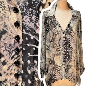 Animal bird feather print sheer button front blouse top cover up layer boho Fylo